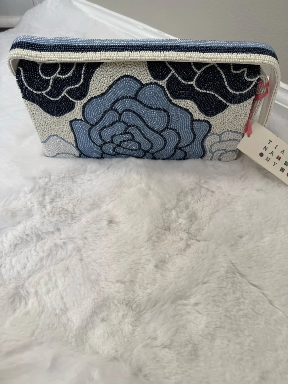 Tiana New York Beaded Floral Clutch Blue White Hand Beaded Wristlet NWT